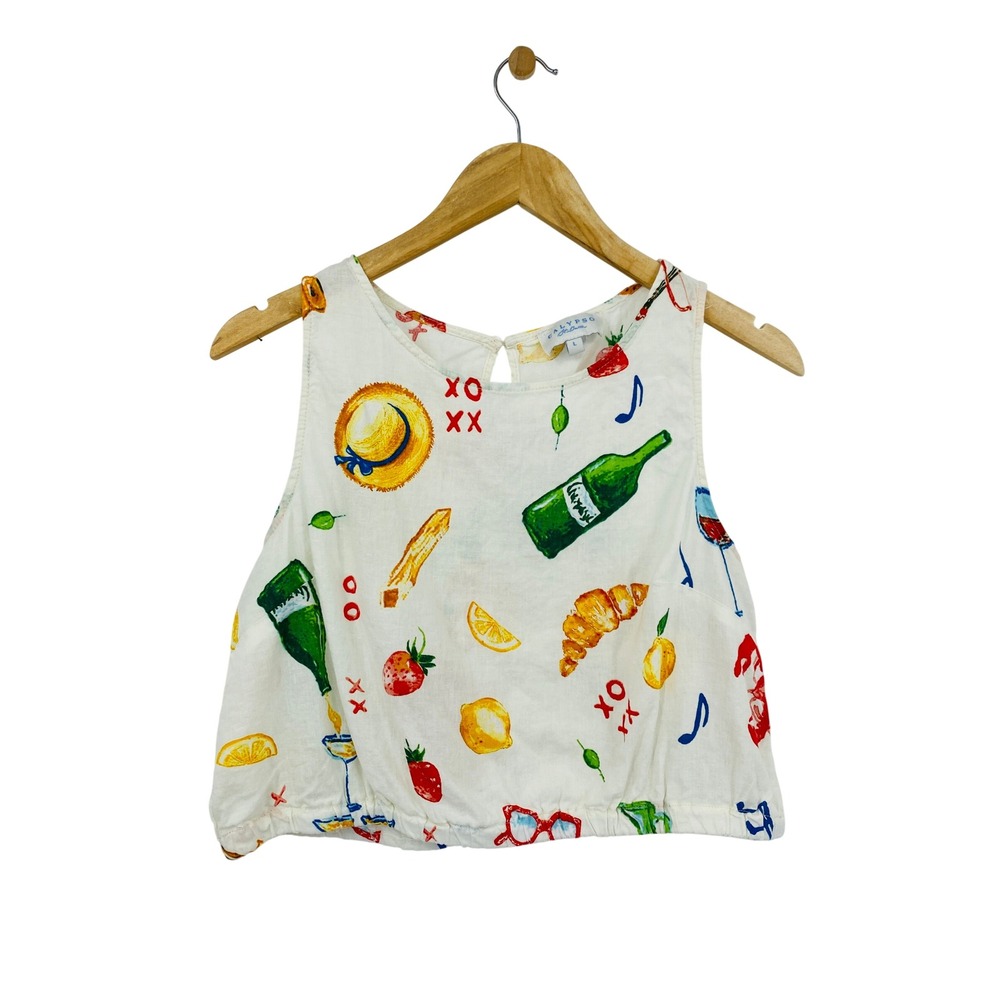 Calypso St. Barth Crop Top Women Large White Picnic Novelty Print Linen Blend